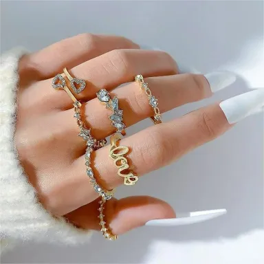 Vintage Boho Heart Rhinestone Knuckle Ring Set